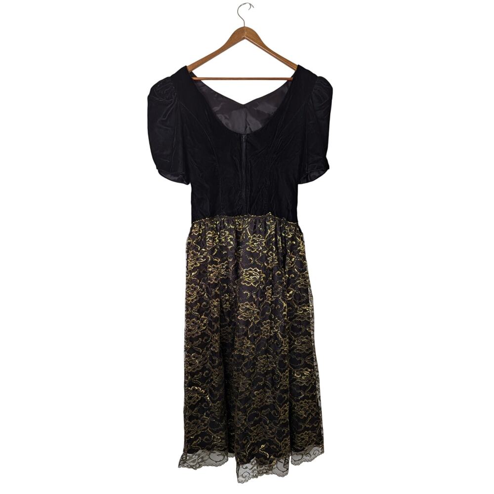Vtg 80s Formal Dress Expo Nite Womens Small Black Gold Lace Puffy Sleeves Party - Picture 4 of 7